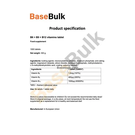 Vitamins B6, B9 and B12 tablets, 1000 tablets, 300 g