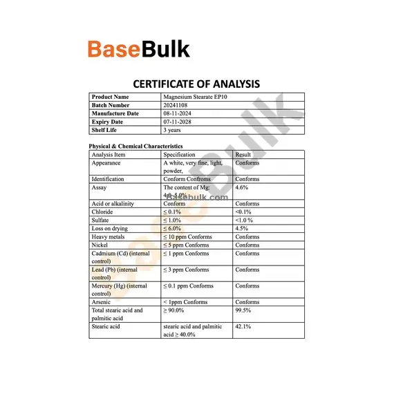 Magnesium Stearate physical and chemical characteristics specification sheet