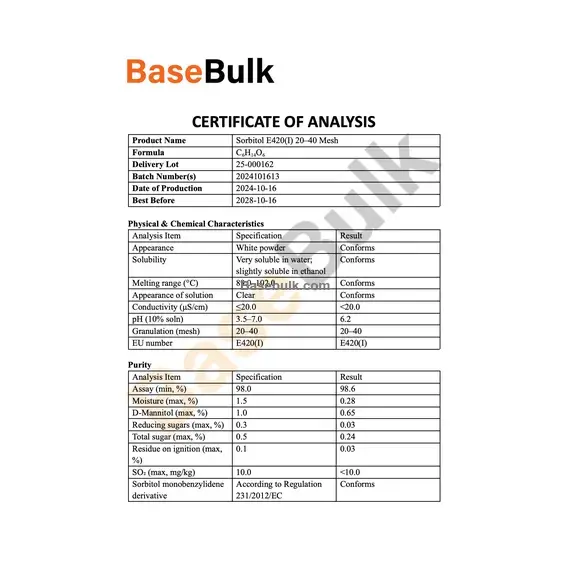 Sorbitol P20-40 physical and chemical specification sheet