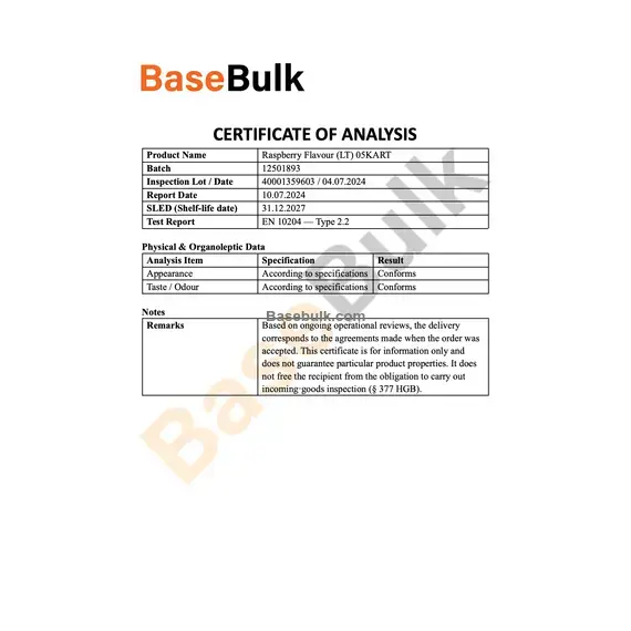 Synthetic Raspberry flavour product analysis document RM0000161
