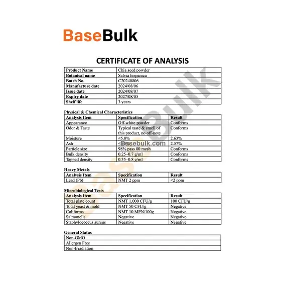 Chia seed powder off-white powder specification sheet RM0000298