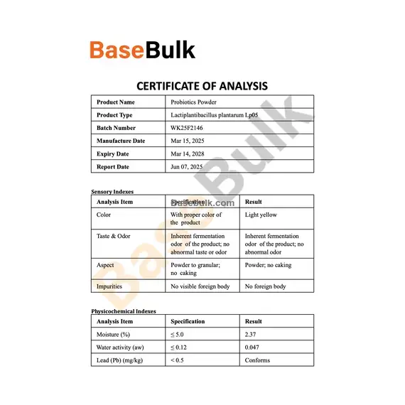Lactobacillus plantarum 100B CFU/g specification analysis sheet RM0000335