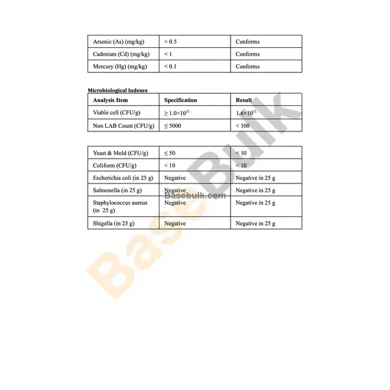Lactobacillus plantarum 100B CFU/g sensory and specification analysis sheet