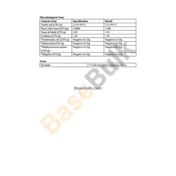 Bifidobacterium infantis 100B CFU/g physical and chemical data sheet