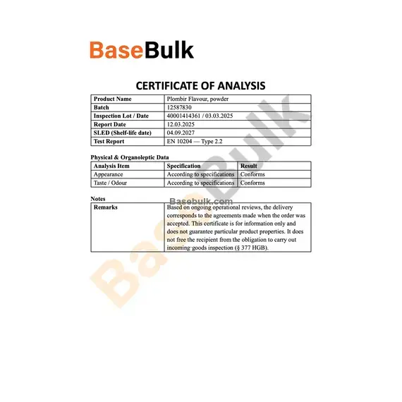 Plombir flavoring physical and organoleptic data analysis document