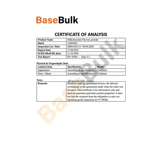 Milk chocolate flavoring product document for RM0000354