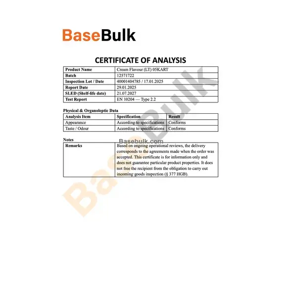 Cream flavoring physical and organoleptic data analysis document