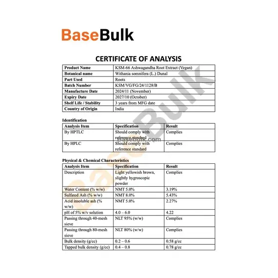 Ashwagandha Root Extract KSM-66 specification sheet