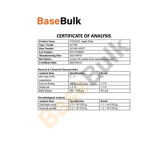 Apple powder (Apple Fiber) physical and microbiological specification table