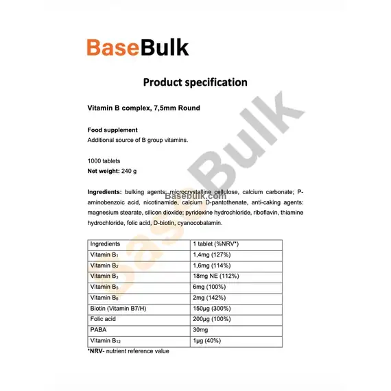 B complex tablets food supplement, 1000 tablets, 7.5 mm round