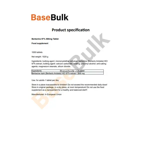 Berberine 97% 500mg tablet food supplement, 1000 tablets