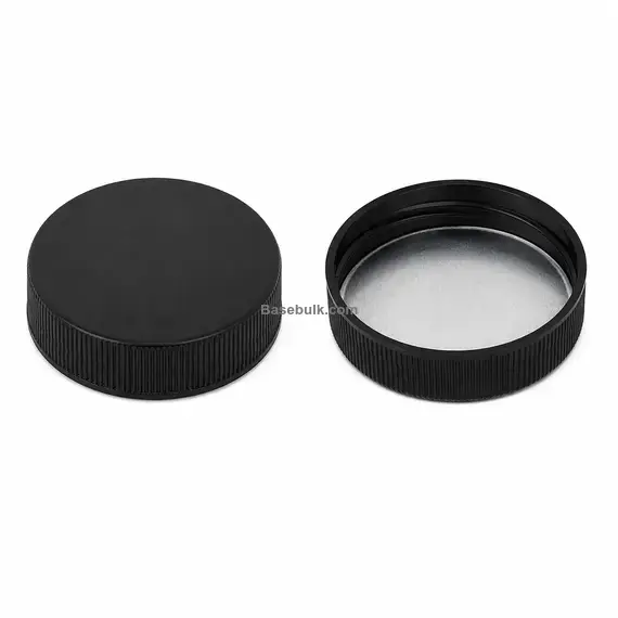 38 mm black ribbed plastic cap with induction heat seal liner