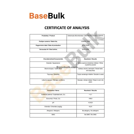 Dextrose Monohydrate product specification label