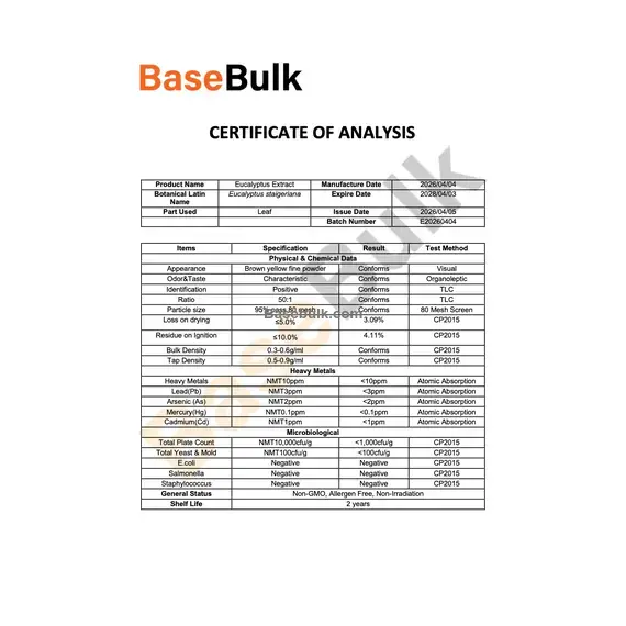 Eucalyptus extract 50:1 brown yellow fine powder specification