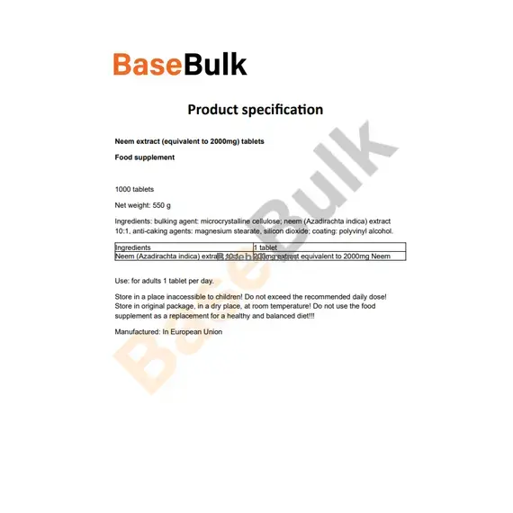 Neem extract 10:1 tablets equivalent to 2000mg, 1000