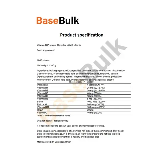 Vitamin B Premium Complex with C vitamin, 1000 tablets