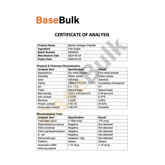 Marine Collagen Peptide specification sheet with physical, microbiological, and heavy metal analysis