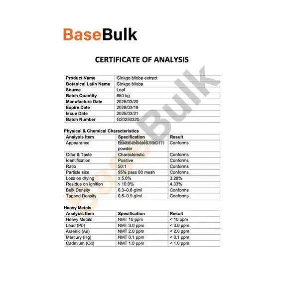 Ginkgo Biloba Extract 50:1 specification sheet, RM0000008