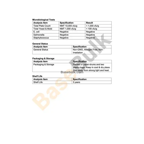 Ginkgo Biloba Extract 50:1 specification sheet for RM0000008
