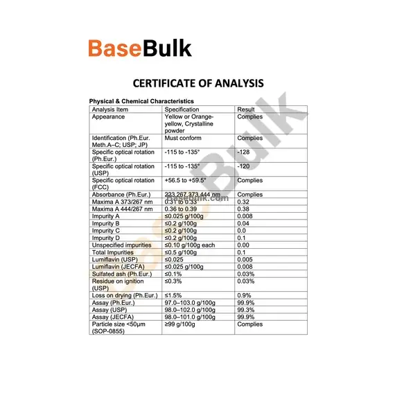 Vitamin B2 (Riboflavin) crystalline powder specification sheet RM0000009