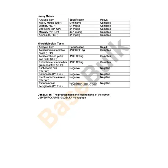 Vitamin B2 riboflavin physical and chemical specification sheet