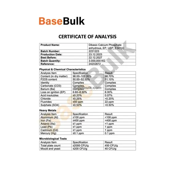 Dicalcium Phosphate Anhydrous specification analysis sheet RM0000012