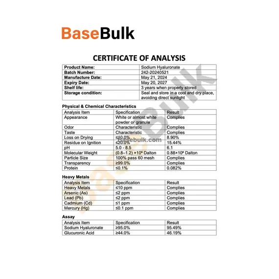 Arkusz specyfikacji Sodium Hyaluronate z analizą fizyczną, chemiczną i mikrobiologiczną