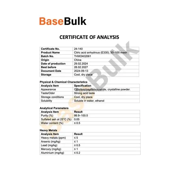 Citric Acid anhydrous 30-100 mesh specification and analysis details