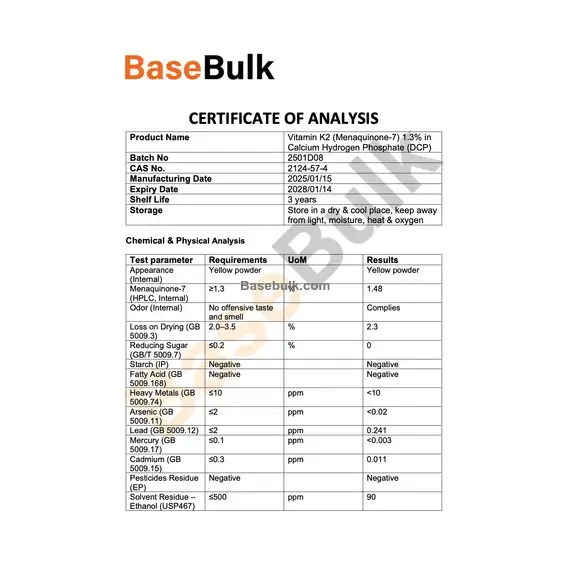 Vitamin K2 Menaquinone MK-7 1.3% in DCP specification sheet