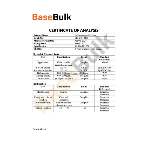 L-Glutathione reduced physical and chemical test specification sheet