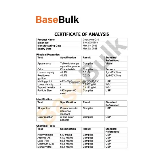 Coenzyme Q10 ubiquinone specification sheet for RM0000024