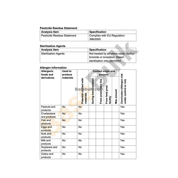 Turmeric Powder specification and analysis sheet