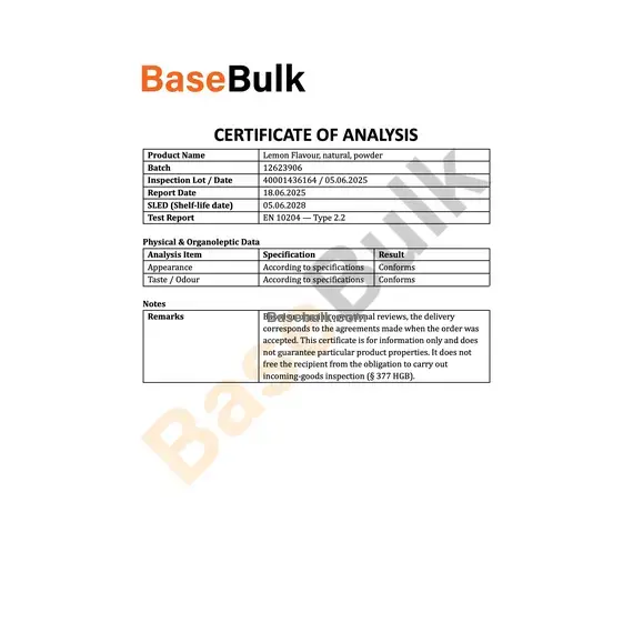 Natural Lemon Flavour Powder specification document