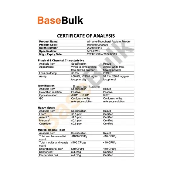 Vitamin E Tocopheryl Acetate DL 50% CWS specification sheet