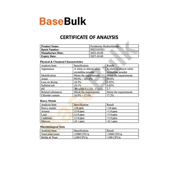 Vitamin B6 (Pyridoxine Hydrochloride) white crystalline powder specification details