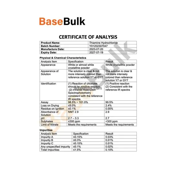 Vitamin B1 Thiamine Hydrochloride specification analysis sheet