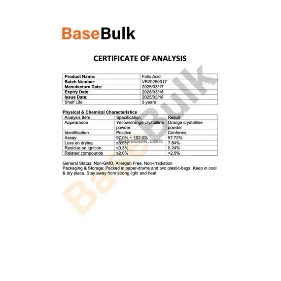 Vitamin B9 (Folic Acid) yellow orange crystalline powder specification