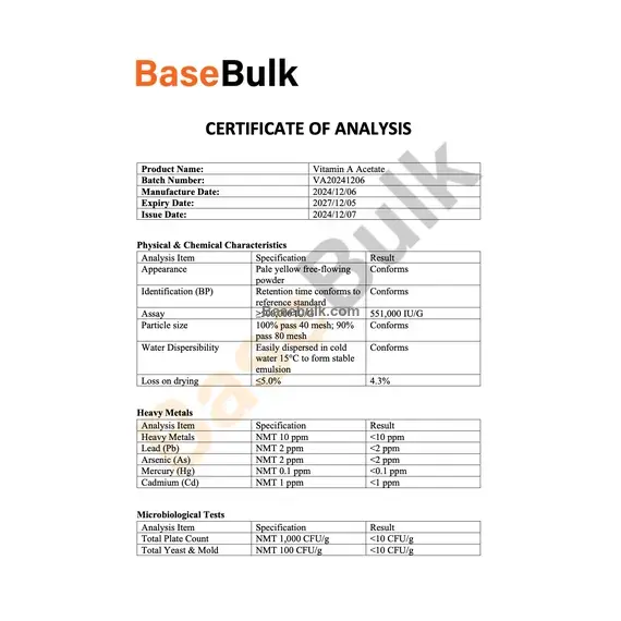 Vitamin A Retinyl Acetate 500,000 IU/g pale yellow powder
