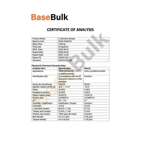 L-Carnitine L-Tatrate physical and chemical characteristics specification sheet