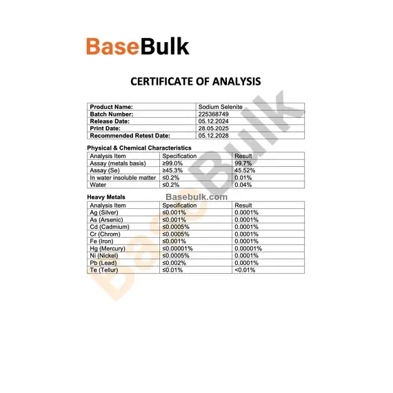 Sodium Selenite specification analysis with assay and heavy metals results