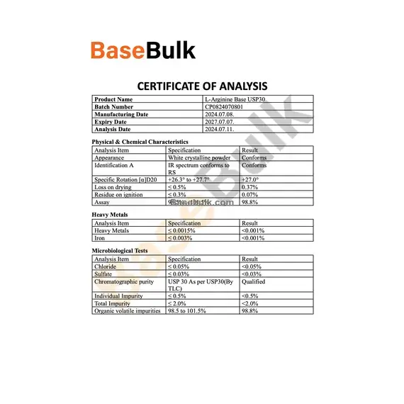 L-Arginine specification sheet for white crystalline powder, RM0000043