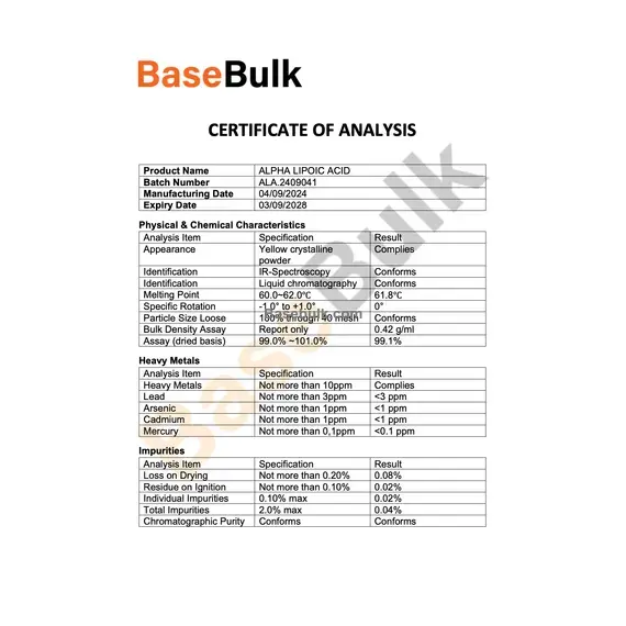 Alpha Lipoic Acid specification and analysis sheet RM0000045