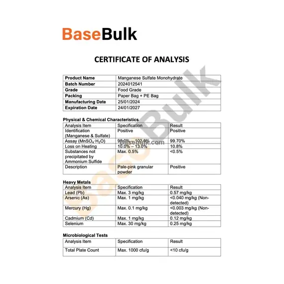 Manganese(II) sulfate monohydrate specification sheet RM0000048