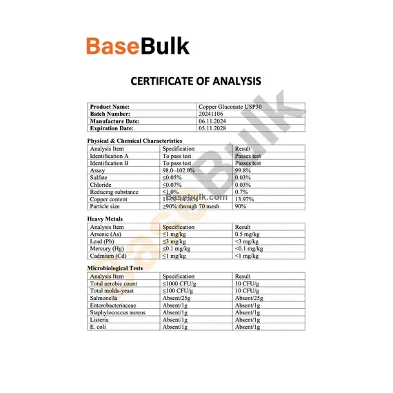 Copper (II) D-gluconate specification and analysis sheet RM0000049