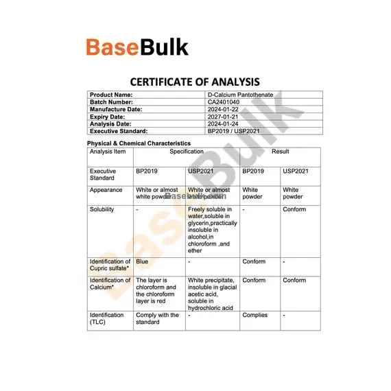 Vitamin B5 (Calcium D-Pantothenate) specification sheet RM0000050