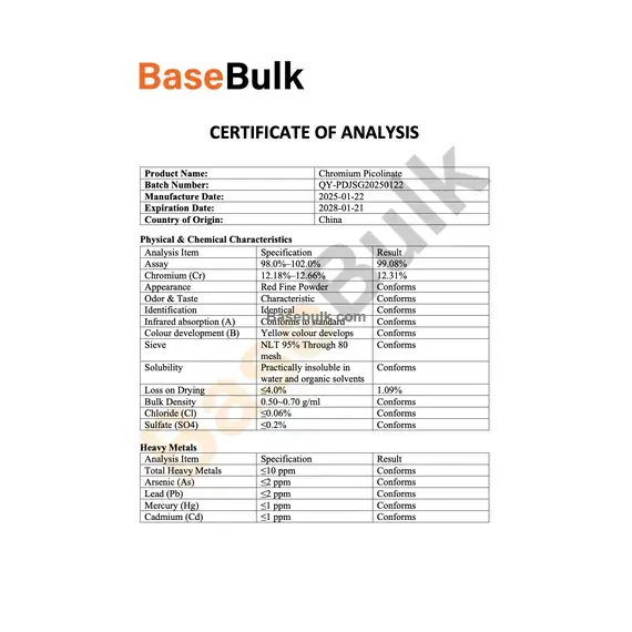 Chromium (III) Picolinate red fine powder specification sheet RM0000051
