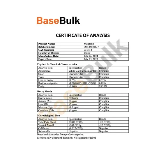 Melatonin specification sheet with purity, heavy metals, and microbiological test results