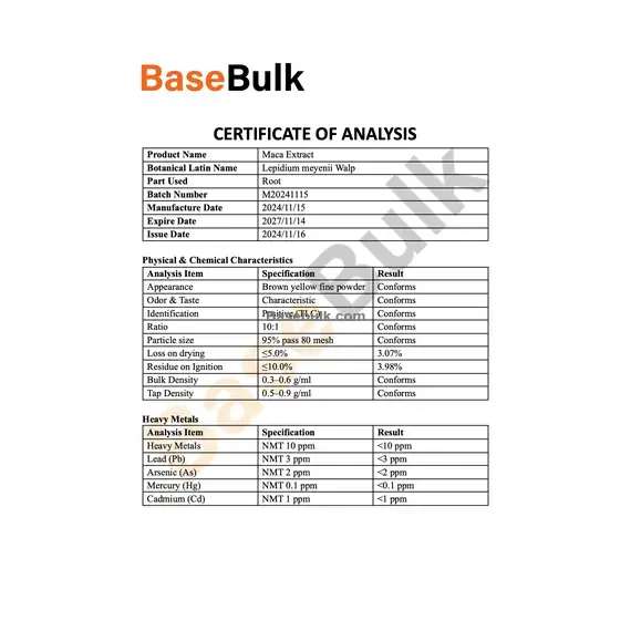 Maca Root Extract 10:1 brown yellow fine powder specification sheet