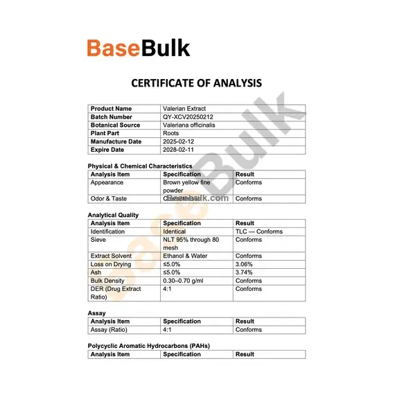 Valerian Root Extract 4:1 specification sheet, RM0000071