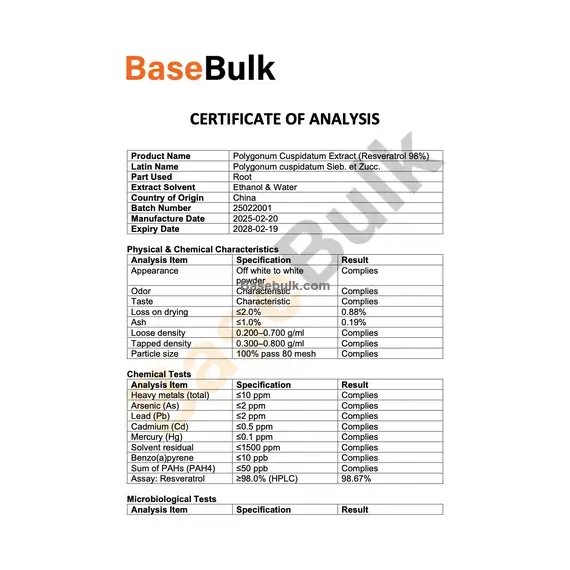 Polygonum Cuspidatum Root Extract Resveratrol 98% specification sheet